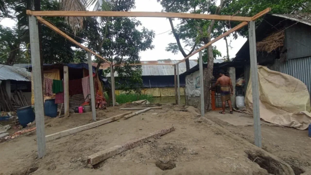 The frame of a modest home during construction